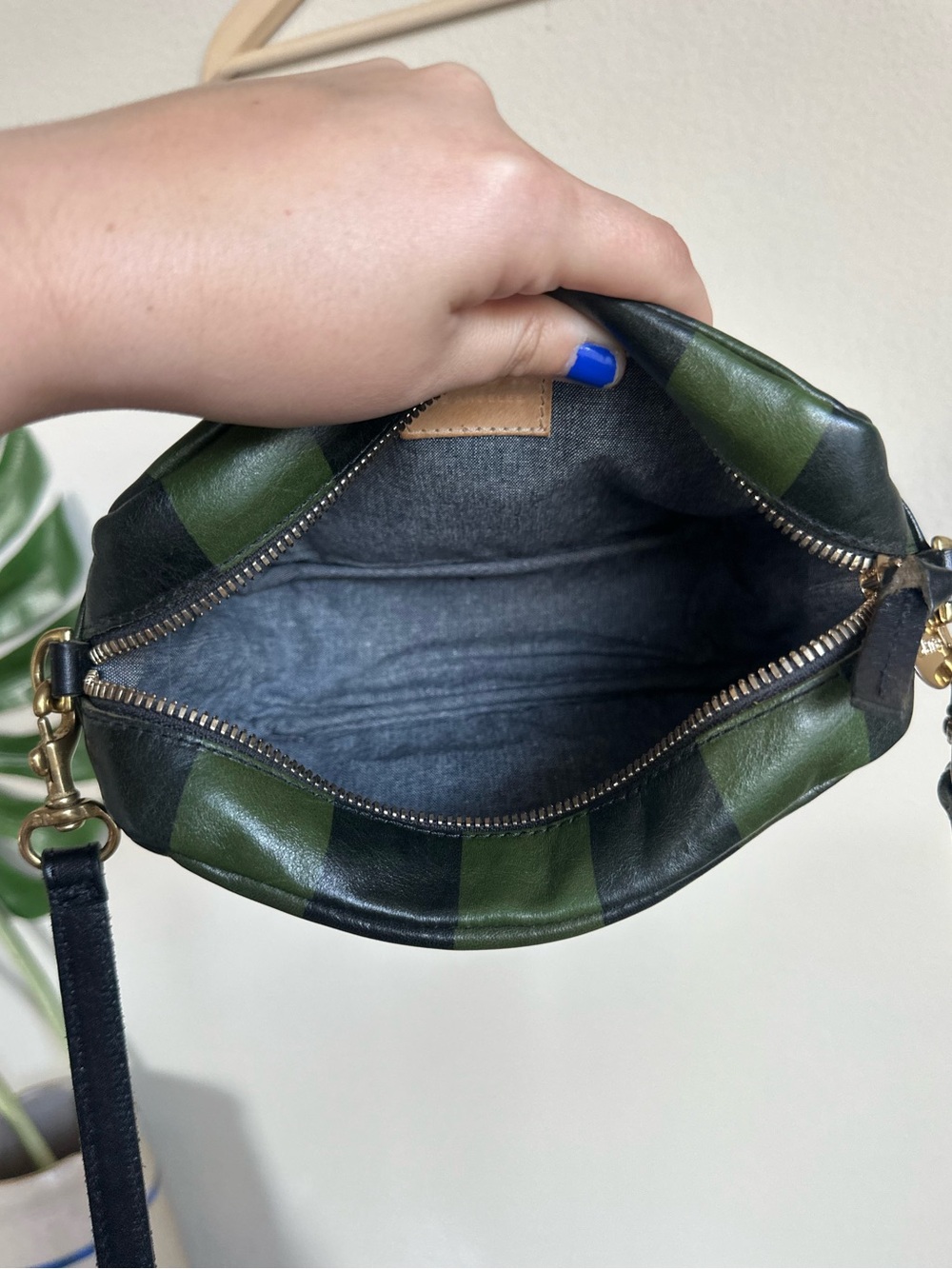 Clare V Striped Leather Crossbody Midi Sac Bag in Black/Fern Stripe - Picture 14 of 16